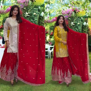 Traje Sharara Plazzo Largo Hasta el Suelo, Dulce, Natural, Vintage, para Fiesta, con Top, Dupatta y Bordado en Georgette Puro - Product Image 5