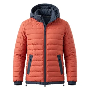 Unisex Orange Hooded Puffer <b>Jacket</b> Windproof Polyester <b>Fleece</b> <b>Lined</b> Zipper Closure Winter Casual Coat - Product Image 1