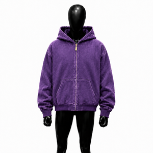 Sweat à capuche zippé violet délavé, style vintage, coupe oversize streetwear, effet délavé à l'acide, fermeture éclair intégrale, coupe décontractée et régulière - Product Image 1
