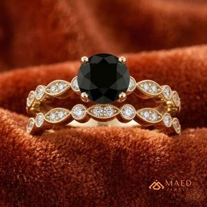 Ensemble de bagues de fiançailles plaqué or avec moissanite noire taille ronde pour femme, avec halo, alliance de mariage assortie, cadeau d'anniversaire - Product Image 3