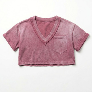Camiseta Corta Rosa para Mujer, Estilo Vintage Lavado, Cuello en V, Manga Corta, con Bolsillos, Blusa Casual 100% Algodón - Product Image 5