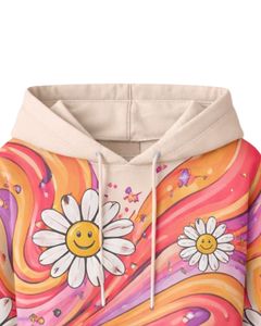 Conjunto de Sudadera Corta y Pantalones Cortos Multicolor para Mujer, Estampado Gráfico de Margaritas Sonrientes, Atuendo Casual de Dos Piezas, Algodón y Felpa, Fabricante Mayorista - Product Image 5