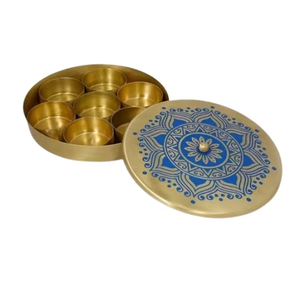 Most Demanded Golden Metal Spice Jar Set with 6 Compartments and Blue Mandala Design Durable Herb <b>Storage</b> Container - Product Image 5