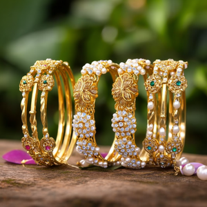 4-Piece Set of 24K Gold Plated Brass Bangles with Zircon and Pearl Charms - Product Image 3