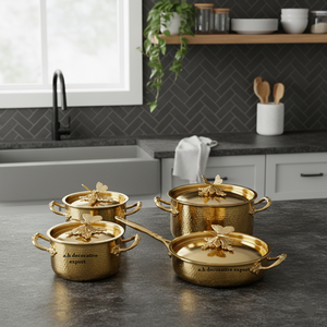 Ensemble de casseroles de luxe en acier inoxydable martelé doré, écologique, avec boutons de couvercle papillon, compatible gaz et induction, pour mariage et décoration intérieure - Product Image 3