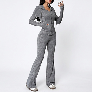 Women's Gray 2 Piece <b>Yoga</b> Set Full Length Leg Zipper Hoodie <b>Sweatshirt</b> Pants Solid Color Breathable Spandex Cotton - Product Image 3