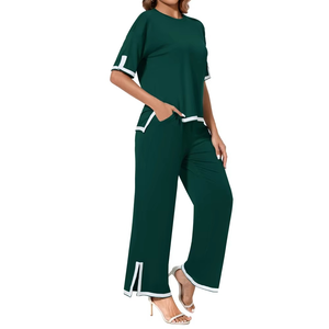 Survêtement vert pour femme, manches courtes, col rond, coupe ample, pantalon long, poches latérales, taille élastique, tenue décontractée d'été - Product Image 3