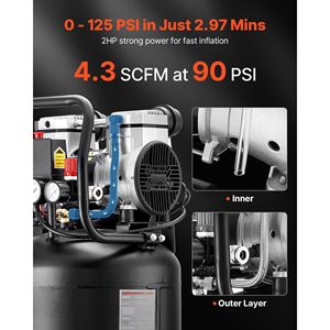 Compressore d'Aria Portatile da 14 Galloni con 2HP, 4.3 SCFM, 90PSI Max, 125PSI di Pressione, Senza Olio, con Ruote Portatili Automatiche - Product Image 2