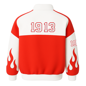 เดลต้า |   ซิกมา |   เสื้อแจ็คเก็ตวาร์ซิตี้สำหรับผู้หญิง Theta DST Sorority สีแดงขาว ติดกระดุมแบบ Snap  ทรงมอเตอร์ไซค์  ลายเปลวไฟ - Product Image 3