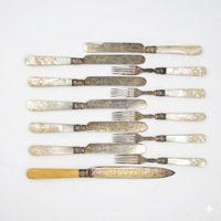 Service de couverts de luxe en argent sterling Victorien Edwardien antique, avec manche orné de nacre et motif poisson gravé, compatible lave-vaisselle