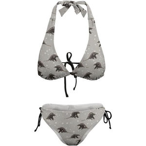 Women's Gray Animal Print Bikini Set Halter Neckline Tie Side Bottoms <b>Stretch</b> Fabric 2 Piece Swimwear - Product Image 2