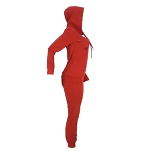 Ensemble de survêtement rouge à capuche pour femme, manches longues, couleur unie, style sportif avec poches latérales, fermeture à cordon, vêtements d'automne - Product Image 4