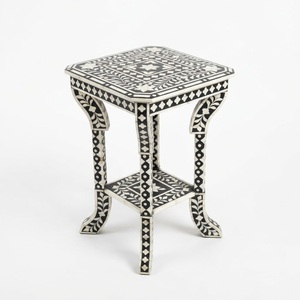 Taburete Lateral Artesanal con Incrustaciones de Hueso a Rayas Blancas y Negras, Patrón Óptico Geométrico, Taburete Decorativo de Lujo, Artesanía India, Venta al por Mayor - Product Image 2