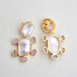 ต่างหูทรงหยดน้ำประดับมุกอัญมณีธรรมชาติชุบทองขัดเงาและเครื่องประดับทำมือ - Product Image 4