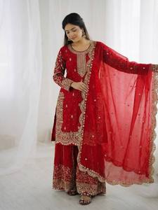 Costume traditionnel indien pakistanais pour femmes, brodé, avec dupatta, coupe ample, longueur au sol, tenue de mariage - Product Image 2