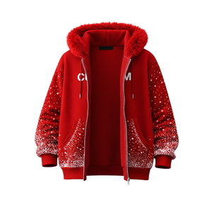 Sweat à capuche zippé pour homme, rouge, avec impression personnalisée, capuche en fourrure, polaire d'hiver, style streetwear, avec motif à pois dégradé - Product Image 2