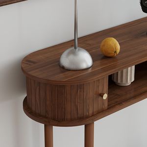 Consolle Moderna Scanalata con Anta Scorrevole a Doghe, Tavolo Stretto da Ingresso con Contenitore per Divano e Soggiorno - Product Image 5