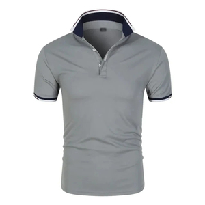 Polo en tricot à manches courtes pour homme, couleur unie, respirant, style décontracté, gris avec bordure bleue - Product Image 1