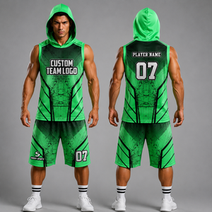 Ensemble de maillots de basket-ball à capuche vert personnalisé, impression par sublimation, évacuation de l'humidité, vêtements de sport unisexes, numéro et logo, 100% polyester - Product Image 1