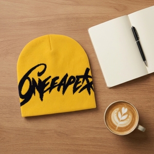 Yellow Black Knit Beanie Hat Ribbed Cuff <b>Winter</b> <b>Cap</b> Unisex Streetwear Fashion Headwear Custom Wholesale OEM - Product Image 5