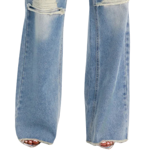 Jean en denim déchiré bleu clair pour femme, coupe large, taille mi-haute, respirant, décontracté, ample, pantalon tendance automne, longueur complète - Product Image 5