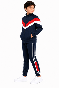 Ensemble de survêtement sportif pour enfants, hiver, à capuche, décontracté, bleu marine, rouge, blanc, blocs de couleurs, veste zippée intégrale, pantalon de survêtement respirant - Product Image 2