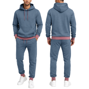 Ensemble de survêtement personnalisé pour homme en bleu acier et rose poudré – Sweat à capuche avec ourlet et poignets côtelés contrastants, pantalon ajusté assorti - Product Image 3