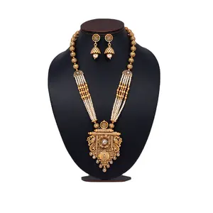美丽的高级长哑光金殿项链套装带耳环印度珠宝女2024批发价