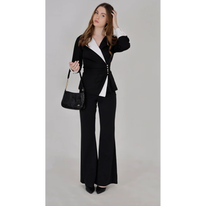 ชุดเซ็ตเสื้อเบลเซอร์ปกปีกนกแบบอสมมาตรสีเดียวตัดกันสไตล์เอ็กเซคคิวทีฟนัวร์ พร้อมกางเกงขาบาน - Product Image 2