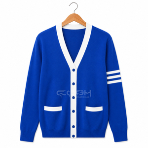 Suéter de Lana Personalizado Cosh International, Diseño Griego, Cárdigan Azul Tejido para Mujer, Cuello en V, Manga Larga, Estilo Preppy - Product Image 1