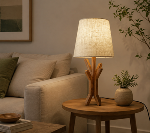 Lampe de table en bois moderne avec abat-jour en lin blanc E27 LED Lumière chaude 2700K Fabriquée à la main pour l'éclairage décoratif de la chambre - Product Image 5