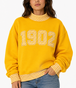 Sweat-shirt à col roulé pour femme 1902, vente en gros, personnalisé, à pois gingham, patchwork, grande taille, épaules tombantes, en tissu éponge, décontracté - Product Image 1