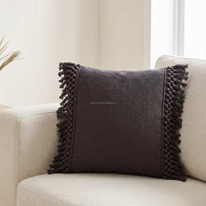 20 × 20 Inch Charcoal Designer Cotton Cushion Cover Decorative <b>Fringe</b> <b>Trim</b> Accent <b>Pillow</b> Modern Decor - Product Image 1