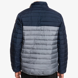 Men's <b>Navy</b> <b>Blue</b> Gray Color Blocking Puffer <b>Jacket</b> Stand Collar Zipper Closure Casual Windproof Autumn Outerwear Regular Fit - Product Image 2