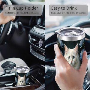 Stainless Steel Tumbler 20oz Double Wall Insulated Drinkware <b>Reusable</b> Eco Friendly Travel <b>Mug</b> With Cat And Blue Flowers Design - Product Image 4