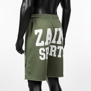 กางเกงขาสั้นออกกำลังกายผู้ชายผ้าโพลีเอสเตอร์ตาข่ายสีเขียวมะกอก 180 GSM แห้งเร็ว พร้อมปักโลโก้หนังแบบกำหนดเอง - Product Image 5