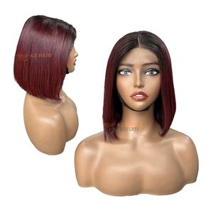 Wholesale Vietnamese Hair Short 2x6 for Lace Closure <b>Bob</b> 150% Density Double Drawn Swiss Transparent Lace Burgundy Wine Black - Product Image 6