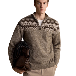 Suéter de punto marrón para hombre, de invierno, con cremallera de un cuarto, cuello alto, patrón Fair Isle, manga larga, puños acanalados, anti-bolitas - Product Image 1