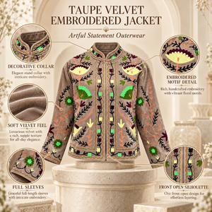 Taupe Velvet Floral <b>Embroidered</b> <b>Jacket</b> <b>for</b> <b>Women</b> | Bohemian Ethnic Autumn Festive Wedding Outerwear Full Sleeves Decorative - Product Image 5