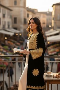 Black Velvet Embroidered <b>Kaftan</b> Long Sleeve Knee Length Loose Fit Women's Dress With Gold Geometric Pattern Winter Casual Dress - Product Image 3