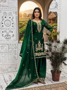 New Designer Women's Reversible Party Wear Farshi Salwar Suit with Silk <b>Material</b> and Embroidery Sequence Work - Product Image 4