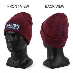 Bonnet de cricket pour homme en acrylique tricoté 280 GSM, doux et chaud, rose, à motif côtelé, avec revers pliable et logo brodé personnalisé - Product Image 4