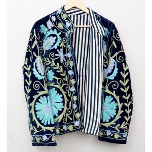 Multi Floral Embroidery Pattern Velvet <b>Jacket</b> Mandarin Collar Regular <b>Sleeve</b> <b>Short</b> Length Unisex Eco-Friendly Breathable - Product Image 3