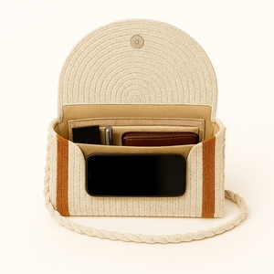 Bolso de Mano de Cuerda de Algodón Trenzada Estilo Bohemio Hecho a Mano para Mujer |   Bolso de Hombro Tejido Ecológico con Botón y Cremallera para Uso Diario - Product Image 3