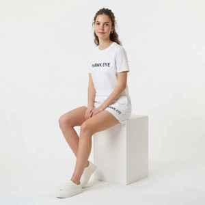Women's White 2-Piece <b>Set</b> Cotton <b>Short</b> Sleeve T-Shirt and Above Knee <b>Shorts</b> Casual Regular Fit Spring Summer Wear - Product Image 3