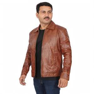 Men's <b>Brown</b> Genuine <b>Leather</b> <b>Jacket</b> Turn-Down Collar Zipper Closure Casual Style Winter Waterproof Reversible Streetwear - Product Image 3