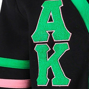 Cárdigan negro de hermandad con logo AKA de letras griegas, rayas rosas y verdes, cuello en V, tejido acrílico, mangas largas, suéteres para mujer. - Product Image 6
