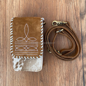 Boot Stitch Suede Leather Phone Pouch Bag Western Genuine Leather Credit Card Holder Phone Carrier Women Crossbody Mobile Bags - Product Image 4
