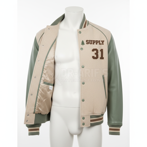 Blouson Teddy Homme Beige Vert Brodé Supply 31 Style Preppy Coupe Classique Col Rond Manches en Cuir PU Tricoté en Laine de Mouton - Product Image 4