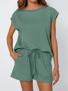 Conjunto de 2 piezas de pantalones cortos para mujer, Top informal de algodón verde liso con cuello redondo y pantalones cortos con cordón, ropa de primavera y verano - Product Image 6